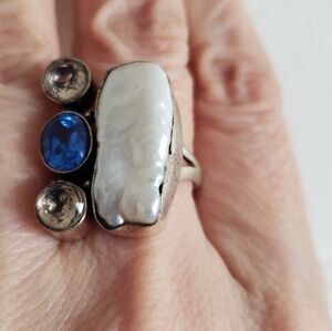 NWOT,Natural Pearl, Mixed Gemstone & Silver Artsy Ring, SZ 8.5, Handmade,Unusual